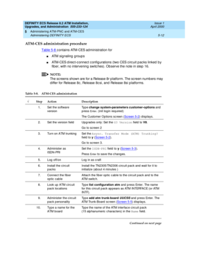 Page 110DEFINITY ECS Release 8.2 ATM Installation,
Upgrades, and Administration  555-233-124  Issue 1
April 2000
Administering ATM-PNC and ATM-CES 
5-12 Administering DEFINITY ECS 
5
ATM-CES administration procedure 
Table 5-8 c ontains ATM-CES ad ministration for
nATM sig naling  g roup s
nATM-CES d irec t-c onnec t c onfig urations (two CES c irc uit p ac ks linked b y 
fib er, with no intervening  switc hes). Ob serve the note in step 16.
NOTE:
The sc reens shown are for a Release 8r p latform. The sc reen...