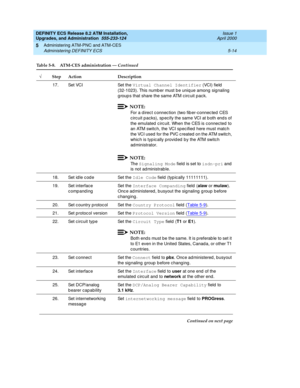 Page 112DEFINITY ECS Release 8.2 ATM Installation,
Upgrades, and Administration  555-233-124  Issue 1
April 2000
Administering ATM-PNC and ATM-CES 
5-14 Administering DEFINITY ECS 
5
17. Set VCI Set the Virtual Channel Identifier (VCI) field  
(32-1023). This numb er must b e uniq ue among  sig naling  
g roup s that share the same ATM c irc uit pac k.
NOTE:
For a d irec t c onnec tion (two fib er-connec ted  CES 
circuit p acks), sp ecify the same VCI at b oth end s of 
the emulated  c irc uit. When the CES is...