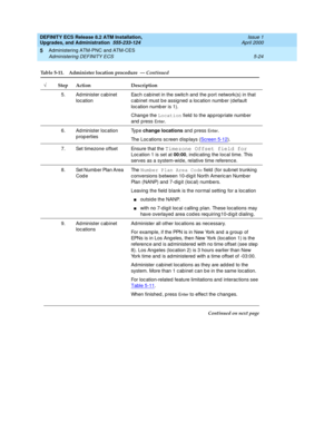 Page 122DEFINITY ECS Release 8.2 ATM Installation,
Upgrades, and Administration  555-233-124  Issue 1
April 2000
Administering ATM-PNC and ATM-CES 
5-24 Administering DEFINITY ECS 
5
5. Ad minister c ab inet 
locationEach cab inet in the switc h and the p ort network(s) in that 
c ab inet must b e assig ned  a location numb er (d efault 
loc ation numb er is 1).
Chang e the Location field  to the ap propriate number 
and press 
En t e r.
6. Ad minister loc ation 
p rop ertiesTy p e  change locations and  p ress...