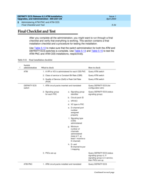 Page 132DEFINITY ECS Release 8.2 ATM Installation,
Upgrades, and Administration  555-233-124  Issue 1
April 2000
Administering ATM-PNC and ATM-CES 
5-34 Final Checklist and Test 
5
Final Checklist and Test
After you c omp lete all the ad ministration, you might want to run through a final 
c hec klist and  verify that everything  is working . This sec tion c ontains a final 
installation c hec klist and  a p roc ed ure for testing  the installation.
Use Table 5-13
 to make sure that the switc h ad ministration...