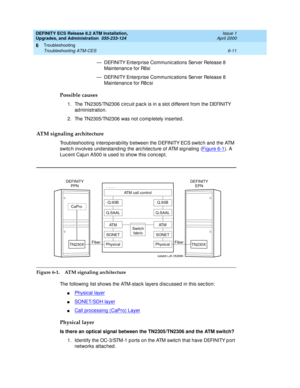 Page 145DEFINITY ECS Release 8.2 ATM Installation,
Upgrades, and Administration  555-233-124  Issue 1
April 2000
Troubleshooting 
6-11 Troubleshooting ATM-CES 
6
— DEFINITY Enterp rise Communic ations Server Release 8 
Maintenanc e for R8si
— DEFINITY Enterp rise Communic ations Server Release 8 
Maintenance for R8csi
Possible causes
1. The TN2305/TN2306 c irc uit p ac k is in a slot d ifferent from the DEFINITY 
ad ministration.
2. The TN2305/TN2306 was not c omp letely inserted .
ATM signaling architecture...