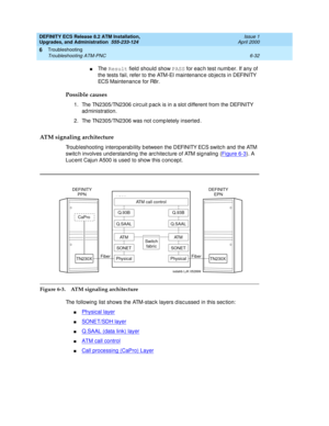 Page 166DEFINITY ECS Release 8.2 ATM Installation,
Upgrades, and Administration  555-233-124  Issue 1
April 2000
Troubleshooting 
6-32 Troubleshooting ATM-PNC 
6
nTh e  Result
 field should  show PASS
 for eac h test numb er. If any of 
the tests fail, refer to the ATM-EI maintenanc e ob jec ts in DEFINITY 
ECS Maintenanc e for R8r.
Possible causes
1. The TN2305/TN2306 c irc uit p ac k is in a slot d ifferent from the DEFINITY 
ad ministration.
2. The TN2305/TN2306 was not c omp letely inserted .
ATM signaling...