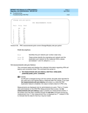 Page 176DEFINITY ECS Release 8.2 ATM Installation,
Upgrades, and Administration  555-233-124  Issue 1
April 2000
Troubleshooting 
6-42 Troubleshooting ATM-PNC 
6
Screen 6-16. PNC measurements pairs screen (change/display atm pnc-pairs)
Field descriptions
list measurements atm pnc-latency
This command reads and displays the collected information regarding ATM cell 
latenc y and  c onnec tion times. The c ommand -line syntax is: 
nlist measurements atm pnc-latency
 [last-hour, today-peak, 
yesterday-peak
] [print...