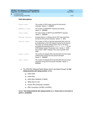 Page 181DEFINITY ECS Release 8.2 ATM Installation,
Upgrades, and Administration  555-233-124  Issue 1
April 2000
Troubleshooting 
6-47 Troubleshooting ATM-PNC 
6
Field descriptions:
2. The ATM PNC Delayed /Failed  Setup s rep ort (ac c essed  throug h the list 
measurements atm setup-events
) shows:
nevent d ate
nevent time
nevent type (delayed or failed)
nd elay time (in ms)
nfrom/to PN c onnec tion numb ers
nPNC c onnec tion (A-PNC or B-PNC)
Syn t a x :  list measurements atm setup-events
 [
x] or [from-conn...