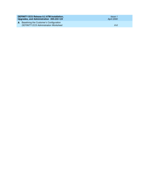 Page 192DEFINITY ECS Release 8.2 ATM Installation,
Upgrades, and Administration  555-233-124  Issue 1
April 2000
Baselining the Customer’s Configuration 
A-6 DEFINITY ECS Administration Worksheet
A 