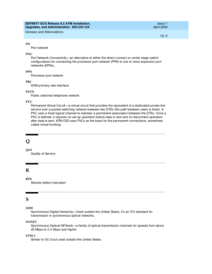 Page 221DEFINITY ECS Release 8.2 ATM Installation,
Upgrades, and Administration  555-233-124  Issue 1
April 2000
Glossary and Abbreviations 
GL-5  
PN
Port network
PNC
Port Network Connec tivity—an alternative to either the direc t-connec t or center stage switc h 
config urations for c onnecting  the p rocessor p ort network (PPN) to one or more expansion p ort 
networks (EPNs).
PPN
Processor p ort network
PRI
IDSN p rimary rate interface
PSTN
Pub lic  switched telep hone network
PVC
Permanent Virtual Circ...