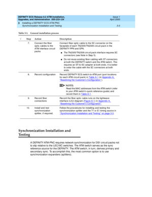 Page 39DEFINITY ECS Release 8.2 ATM Installation,
Upgrades, and Administration  555-233-124  Issue 1
April 2000
Installing a DEFINITY ECS ATM-PNC 
3-3 Synchronization Installation and Testing 
3
Synchronization Installation and 
Te s t i n g
A DEFINITY ATM-PNC req uires network sync hronization for DS1 c irc uit p ac ks not 
to slip  relative to the LEC/IXC switc hes. The ATM switc h serves as the sync  
referenc e sourc e for the DEFINITY. The ATM switc h, in turn, d erives p rimary and  
sec ond ary sync . To...