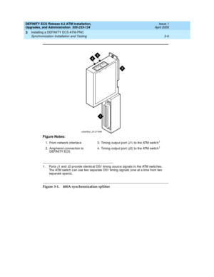 Page 42DEFINITY ECS Release 8.2 ATM Installation,
Upgrades, and Administration  555-233-124  Issue 1
April 2000
Installing a DEFINITY ECS ATM-PNC 
3-6 Synchronization Installation and Testing 
3
Figure 3-1. 400A synchronization splitter Figure Notes:
1. From network interface
2. Amp henol c onnec tion to 
DEFINITY ECS 3. Timing  outp ut p ort (J1) to the ATM switc h1
4. Timing  outp ut p ort (J2) to the ATM switc h1
1. Ports J1 and  J2 p rovid e id entical DS1 timing  source sig nals to the ATM switc hes. 
The...