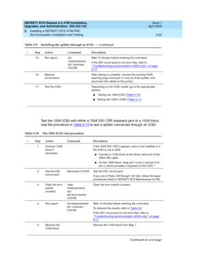 Page 58DEFINITY ECS Release 8.2 ATM Installation,
Upgrades, and Administration  555-233-124  Issue 1
April 2000
Installing a DEFINITY ECS ATM-PNC 
3-22 Synchronization Installation and Testing 
3
Test the 120A ICSU with either a 700A DS1 CPE loop bac k jac k or a 103A b loc k. 
Use the p roc ed ure in Table 3-10
 to test a sp litter c onnec ted  throug h an ICSU.
15. Run rep ort list 
measurements 
d s1 summary 
UUCSSWait 15 minutes b efore entering  the c ommand.
If the DS1 c irc uit p ac k is not error-free,...