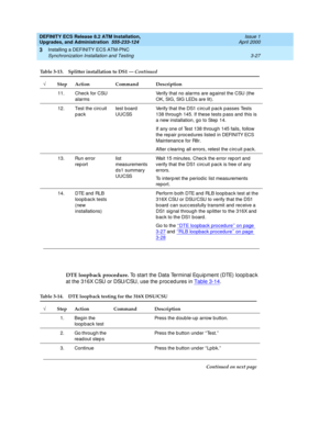 Page 63DEFINITY ECS Release 8.2 ATM Installation,
Upgrades, and Administration  555-233-124  Issue 1
April 2000
Installing a DEFINITY ECS ATM-PNC 
3-27 Synchronization Installation and Testing 
3
DTE loopback procedure. 
To start the Data Terminal Eq uip ment (DTE) loop b ac k 
at the 316X CSU or DSU/CSU, use the p roc ed ures in Table 3-14
.
11. Chec k for CSU 
alarmsVerify that no alarms are against the CSU (the 
OK, SIG, SIG LEDs are lit).
12. Test the circ uit 
packtest board 
UUCSSVerify that the DS1 c irc...