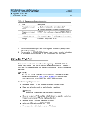 Page 77DEFINITY ECS Release 8.2 ATM Installation,
Upgrades, and Administration  555-233-124  Issue 1
April 2000
Upgrading to ATM-PNC 
4-3 CSS to R8r ATM-PNC 
4
CSS to R8r ATM-PNC
This sec tion d esc rib es the p roc ed ures for up g rad ing  a DEFINITY ECS with 
c enter stag e switc h (CSS) and  no p revious ATM ad ministration to a Release 8 
ATM-PNC. You need  sep arate ATM interfac e c irc uit p ac ks (TN2305/TN2306) for 
eac h use. 
NOTE:
You c an also up d ate a DEFINITY ECS with d irec t c onnec t to...