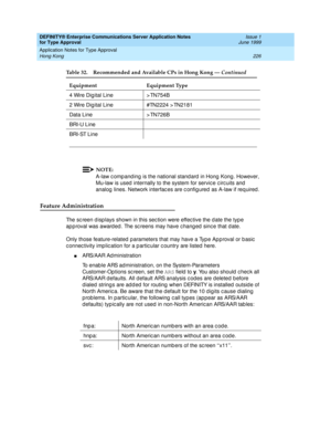 Page 234DEFINITY® Enterprise Communications Server Application Notes 
for Type Approval    Issue 1
June 1999
Application Notes for Type Approval 
226 Hong Kong 
NOTE:
A-law c omp and ing is the national stand ard  in Hong  Kong . However, 
Mu-law is used  internally to the system for servic e c irc uits and  
analog  lines. Network interfac es are c onfig ured  as A-law if req uired .
Feature Administration
The sc reen d isp lays shown in this sec tion were effec tive the d ate the typ e 
ap p roval was award ed...