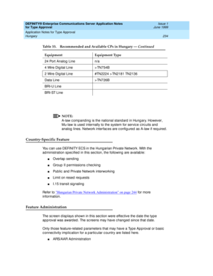 Page 242DEFINITY® Enterprise Communications Server Application Notes 
for Type Approval    Issue 1
June 1999
Application Notes for Type Approval 
234 Hungary 
NOTE:
A-law c ompand ing  is the national stand ard  in Hung ary. However, 
Mu-law is used  internally to the system for servic e c irc uits and  
analog  lines. Network interfac es are c onfig ured  as A-law if req uired .
Country-Specific Feature
You c an use DEFINITY ECS in the Hung arian Private Network. With the 
ad ministration spec ified in this sec...