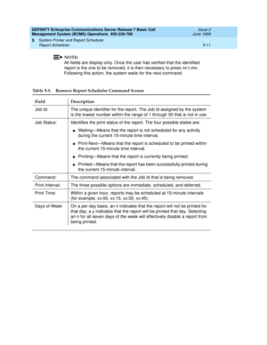 Page 115DEFINITY Enterprise Communications Server Release 7 Basic Call 
Management System (BCMS) Operations  555-230-706  Issue 2
June 1999
System Printer and Report Scheduler 
5-11 Report Scheduler 
5
NOTE:
All fields are display-only. Once the user has verified that the identified 
report is the one to be removed, it is then necessary to press 
RETURN. 
Following this action, the system waits for the next command.
Table 5-5. Remove Report Scheduler Command Screen
Field Description
Job Id: The unique identifier...