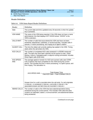 Page 55DEFINITY Enterprise Communications Server Release 7 Basic Call 
Management System (BCMS) Operations  555-230-706  Issue 2
June 1999
BCMS Report Reference 
4-13 Real-Time Reports 
4
Header Definition
Table 4-4. VDN Status Report Header Definitions 
Header Definition
Date The current date and time (updated every 30 seconds or when the update 
key is pressed).
VDN NAME The name of the VDN being reported. If the VDN does not have a name 
administered, this field displays 
EXT XXXXX where “XXXXX” is the...