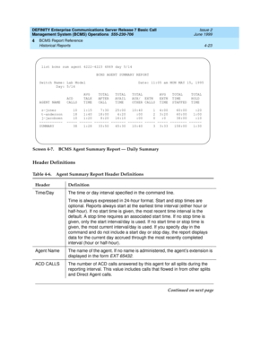 Page 65DEFINITY Enterprise Communications Server Release 7 Basic Call 
Management System (BCMS) Operations  555-230-706  Issue 2
June 1999
BCMS Report Reference 
4-23 Historical Reports 
4
Screen 4-7. BCMS Agent Summary Report — Daily Summary
Header Definitions
Table 4-6. Agent Summary Report Header Definitions 
Header Definition
Time/Day The time or day interval specified in the command line.
Time is always expressed in 24-hour format. Start and stop times are 
optional. Reports always start at the earliest...