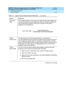 Page 66DEFINITY Enterprise Communications Server Release 7 Basic Call 
Management System (BCMS) Operations  555-230-706  Issue 2
June 1999
BCMS Report Reference 
4-24 Historical Reports 
4
AVG TALK 
TIMEThe average duration of ACD calls for all splits the agent was logged into. 
This value includes time spent talking but does not include the amount of 
time the agent was holding an ACD call or ring time at the agent’s 
telephone. The calculation is:
TOTAL 
AFTER CALLThe total amount of time that the agent spent...