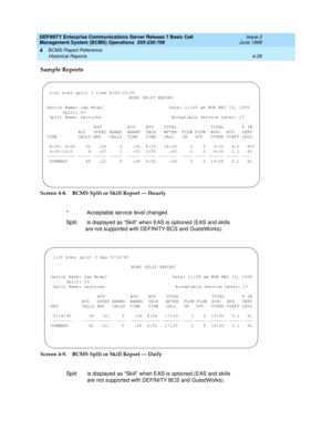 Page 70DEFINITY Enterprise Communications Server Release 7 Basic Call 
Management System (BCMS) Operations  555-230-706  Issue 2
June 1999
BCMS Report Reference 
4-28 Historical Reports 
4
Sample Reports
Screen 4-8. BCMS Split or Skill Report — Hourly
Screen 4-9. BCMS Split or Skill Report — Daily*  Acceptable service level changed.
Split is displayed as “Skill” when EAS is optioned (EAS and skills 
are not supported with DEFINITY BCS and GuestWorks).
Split is displayed as “Skill” when EAS is optioned (EAS and...