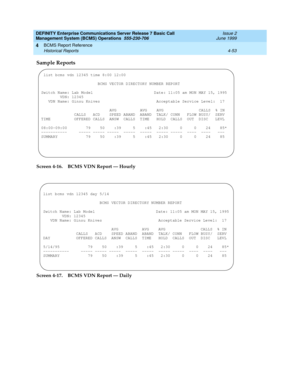 Page 95DEFINITY Enterprise Communications Server Release 7 Basic Call 
Management System (BCMS) Operations  555-230-706  Issue 2
June 1999
BCMS Report Reference 
4-53 Historical Reports 
4
Sample Reports
Screen 4-16. BCMS VDN Report — Hourly
Screen 4-17. BCMS VDN Report — Daily
 list bcms vdn 12345 time 8:00 12:00
BCMS VECTOR DIRECTORY NUMBER REPORT
Switch Name: Lab Model   Date: 11:05 am MON MAY 15, 1995
VDN: 12345
VDN Name: Ginsu Knives Acceptable Service Level:  17
 
AVG AVG    AVG               CALLS  % IN...