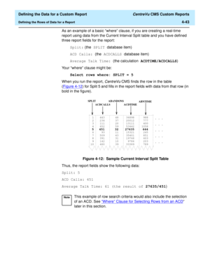 Page 101  Defining the Data for a Custom Report CentreVu CMS Custom Reports
Defining the Rows of Data for a Report4-43
As an example of a basic “where” clause, if you are creating a real-time 
report using data from the Current Interval Split table and you have defined 
three report fields for the report:
Split: (the SPLIT database item)
ACD Calls: (the ACDCALLS database item)
Average Talk Time: (the calculation ACDTIME/ACDCALLS)
Your “where” clause might be:
Select rows where: SPLIT = 5
When you run the report,...