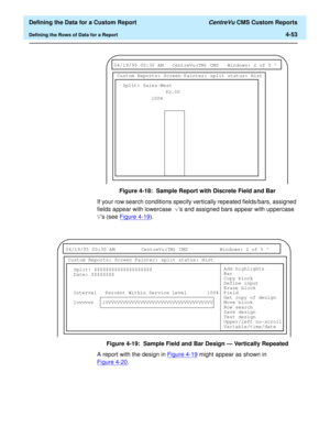 Page 111  Defining the Data for a Custom Report CentreVu CMS Custom Reports
Defining the Rows of Data for a Report4-53
Figure 4-18:  Sample Report with Discrete Field and Bar
If your row search conditions specify vertically repeated fields/bars, assigned 
fields appear with lowercase vs and assigned bars appear with uppercase 
Vs (see Figure 4-19
).
Figure 4-19:  Sample Field and Bar Design — Vertically Repeated
A report with the design in Figure 4-19
 might appear as shown in 
Figure 4-20
.
 
04/19/95 00:30 AM...