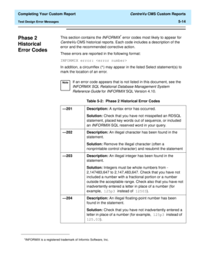Page 132  Completing Your Custom Report CentreVu CMS Custom Reports
Test Design Error Messages5-14
Phase 2 
Historical 
Error Codes
5
This section contains the INFORMIX* error codes most likely to appear for 
CentreVu CMS historical reports. Each code includes a description of the 
error and the recommended corrective action.
These errors are reported in the following format:
INFORMIX error: 
In addition, a circumflex (^) may appear in the listed Select statement(s) to 
mark the location of an error.
*INFORMIX...