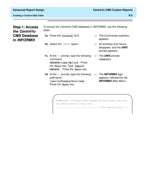 Page 143  Advanced Report Design CentreVu CMS Custom Reports
Creating a Custom Data Table6-3
Step 1: Access 
the 
CentreVu 
CMS Database 
in 
INFORMIX6
To access the CentreVu CMS database in INFORMIX, use the following 
steps:
1a.Press the   SLK.®
The Commands submenu 
appears.
1b.Select the UNIX option.®All windows and menus 
disappear, and the UNIX 
prompt appears.
1c.At the $ prompt, type the following 
command: 
DBPATH=/cms/db/inf. Press 
the   key. Type export 
DBPATH. Press the   key.®The UNIX prompt...