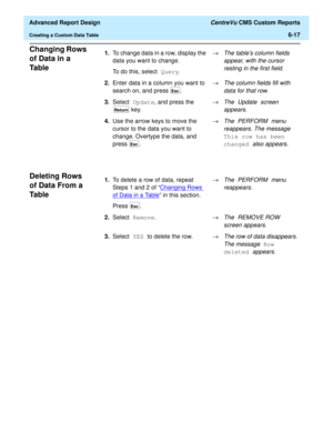 Page 157  Advanced Report Design CentreVu CMS Custom Reports
Creating a Custom Data Table6-17
Changing Rows 
of Data in a 
Ta b l e
6
Deleting Rows 
of Data From a 
Ta b l e
6
1.To change data in a row, display the 
data you want to change. 
To do this, select Query.®The tables column fields 
appear, with the cursor 
resting in the first field.
2.Enter data in a column you want to 
search on, and press  .®The column fields fill with 
data for that row.
3.Select Update, and press the 
 key.®The Update screen...