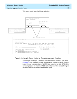 Page 174  Advanced Report Design CentreVu CMS Custom Reports
Repeating Aggregate Function Values6-34
This report would have the following design.
Figure 6-12:  Sample Report Design for Repeated Aggregate Functions
According to the design, 
CentreVu CMS searches the Intrahour Split table 
(Figure 6-13
) for the splits the user ordered when running the report (Splits 1, 
2, and 3 in our example). 
CentreVu CMS also searches for date (07/01/93 in 
our example) and the maximum ACD calls (in boxes) in the selected...