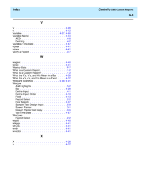 Page 196  Index CentreVu CMS Custom Reports
IN-8
V
V  .  .  .  .  .  .  .  .  .  .  .  .  .  .  .  .  .  .  .  .  .  .  .  .  .  4-28
v.  .  .  .  .  .  .  .  .  .  .  .  .  .  .  .  .  .  .  .  .  .  .  .  .  .  4-12
Variable.  .  .  .  .  .  .  .  .  .  .  .  .  .  .  .  .  .  . 4-57, 4-60
Variable Name  .  .  .  .  .  .  .  .  .  .  .  .  .  .  .  .  .  .  4-44
ACD .  .  .  .  .  .  .  .  .  .  .  .  .  .  .  .  .  .  .  .  .  .  . 4-8
Defining  .  .  .  .  .  .  .  .  .  .  .  .  .  .  .  .  .  .  .  .  ....