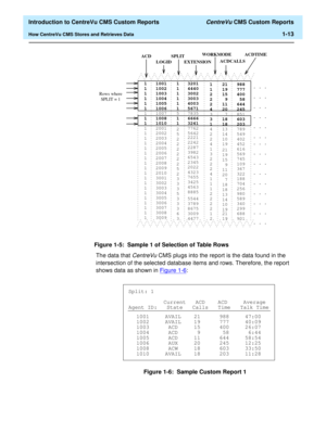 Page 29  Introduction to CentreVu CMS Custom Reports CentreVu CMS Custom Reports
How CentreVu CMS Stores and Retrieves Data1-13
Figure 1-5:  Sample 1 of Selection of Table Rows
The data that 
CentreVu CMS plugs into the report is the data found in the 
intersection of the selected database items and rows. Therefore, the report 
shows data as shown in Figure 1-6
:
Figure 1-6:  Sample Custom Report 1
203
789
549
402
452
616
569
745
109
367
322
188
704
256
980
589
340
299
688
901 851
.
.
.
.
.
.
.
.
.
.
.
.
.
.
....