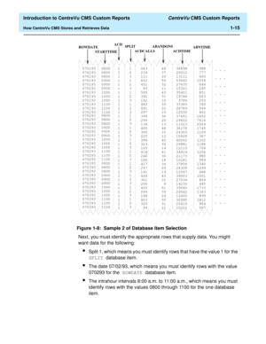 Page 31  Introduction to CentreVu CMS Custom Reports CentreVu CMS Custom Reports
How CentreVu CMS Stores and Retrieves Data1-15
Figure 1-8:  Sample 2 of Database Item Selection
Next, you must identify the appropriate rows that supply data. You might 
want data for the following:
lSplit 1, which means you must identify rows that have the value 1 for the 
SPLIT database item.
lThe date 07/02/93, which means you must identify rows with the value 
070293 for the ROWDATE database item.
lThe intrahour intervals 8:00...