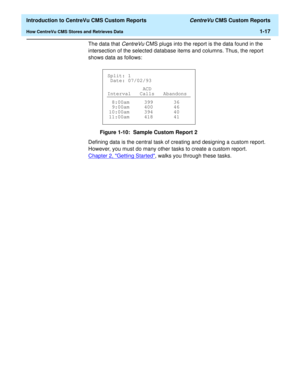 Page 33  Introduction to CentreVu CMS Custom Reports CentreVu CMS Custom Reports
How CentreVu CMS Stores and Retrieves Data1-17
The data that 
CentreVu CMS plugs into the report is the data found in the 
intersection of the selected database items and columns. Thus, the report 
shows data as follows:
Figure 1-10:  Sample Custom Report 2
Defining data is the central task of creating and designing a custom report. 
However, you must do many other tasks to create a custom report. 
Chapter 2, Getting Started
,...