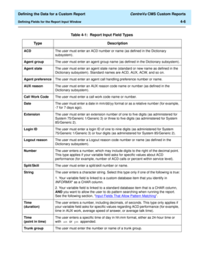 Page 64  Defining the Data for a Custom Report CentreVu CMS Custom Reports
Defining Fields for the Report Input Window4-6
Table 4-1:  Report Input Field Types
Type Description
ACDThe user must enter an ACD number or name (as defined in the Dictionary 
subsystem).
Agent groupThe user must enter an agent group name (as defined in the Dictionary subsystem).
Agent stateThe user must enter an agent state name (standard or new name as defined in the 
Dictionary subsystem). Standard names are ACD, AUX, ACW, and so...
