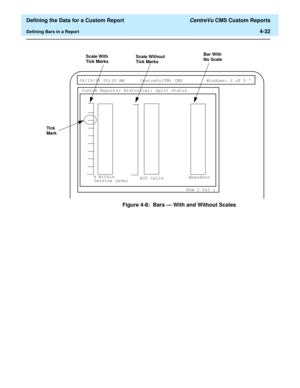 Page 90  Defining the Data for a Custom Report CentreVu CMS Custom Reports
Defining Bars in a Report4-32
Figure 4-8:  Bars — With and Without Scales
 
04/19/95 00:30 AM CentreVu(TM) CMS Windows: 2 of 5 ^ 
Custom Reports: Historical: split status
Tick
MarkScale With
Tick MarksScale Without
Tick MarksBar With
No Scale
% Within
Service LevelACD CallsAbandons
Row 1 Col 1 