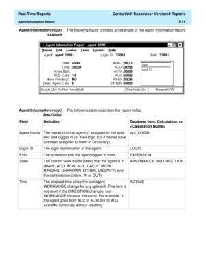 Page 144  Real-Time Reports CentreVu®  Supervisor Version 8 Reports
Agent Information Report3-14
Agent Information report
exampleThe following figure provides an example of the Agent Information report:
Agent Information report
descriptionThe following table describes the report fields:
Field Definition Database Item, Calculation, or 

Agent Name The name(s) of the agent(s) assigned to this split/
skill and logged in (or their login IDs if names have 
not been assigned to them in Dictionary).syn (LOGID)
Login ID...