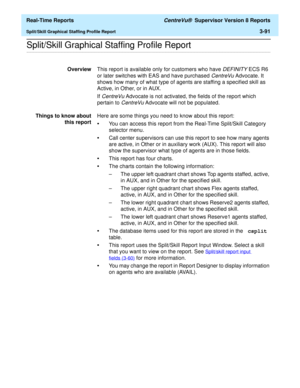 Page 221  Real-Time Reports CentreVu®  Supervisor Version 8 Reports
Split/Skill Graphical Staffing Profile Report3-91
.........................................................................................................................................................................................................................................................Split/Skill Graphical Staffing Profile Report
OverviewThis report is available only for customers who have DEFINITY ECS R6 
or later switches with EAS...