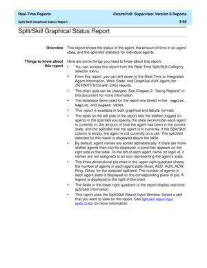 Page 225  Real-Time Reports CentreVu®  Supervisor Version 8 Reports
Split/Skill Graphical Status Report3-95
.........................................................................................................................................................................................................................................................Split/Skill Graphical Status Report
OverviewThis report shows the status of the agent, the amount of time in an agent 
state, and the split/skill statistics for...