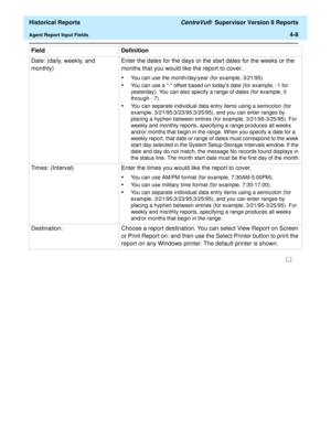 Page 316  Historical Reports CentreVu®  Supervisor Version 8 Reports
Agent Report Input Fields4-8
Date: (daily, weekly, and 
monthly)Enter the dates for the days or the start dates for the weeks or the 
months that you would like the report to cover. 
•You can use the month/day/year (for example, 3/21/95).
•You can use a - offset based on todays date (for example, -1 for 
yesterday). You can also specify a range of dates (for example, 0 
through - 7).
•You can separate individual data entry items using a...