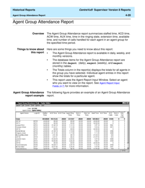 Page 328  Historical Reports CentreVu®  Supervisor Version 8 Reports
Agent Group Attendance Report4-20
.........................................................................................................................................................................................................................................................Agent Group Attendance Report 
OverviewThe Agent Group Attendance report summarizes staffed time, ACD time, 
ACW time, AUX time, time in the ringing state, extension...