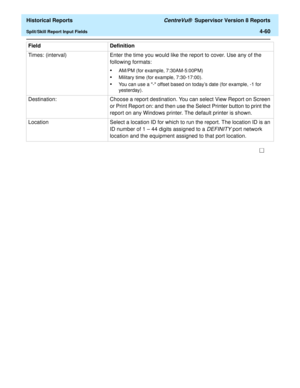 Page 368  Historical Reports CentreVu®  Supervisor Version 8 Reports
Split/Skill Report Input Fields4-60
Times: (interval) Enter the time you would like the report to cover. Use any of the 
following formats:
•AM/PM (for example, 7:30AM-5:00PM)
•Military time (for example, 7:30-17:00).
•You can use a - offset based on todays date (for example, -1 for 
yesterday).
Destination: Choose a report destination. You can select View Report on Screen 
or Print Report on: and then use the Select Printer button to print the...