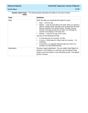 Page 427  Historical Reports CentreVu®  Supervisor Version 8 Reports
System Report4-119
System report input
fieldsThe following table describes the fields on the input window: 
Field Definition
Date: Enter the date you would like the report to cover:
•Daily — enter the day.
•Weekly — enter the start date for the week. When you specify a 
date for a weekly report, that date must correspond to the week 
start day selected in the System Setup—Storage Intervals 
window. If the date and day do not match, the message...