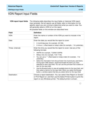 Page 452  Historical Reports CentreVu®  Supervisor Version 8 Reports
VDN Report Input Fields4-144
.........................................................................................................................................................................................................................................................VDN Report Input Fields
VDN report input fieldsThe following table describes the input fields on historical VDN report 
input windows. Not all reports use all fields;...