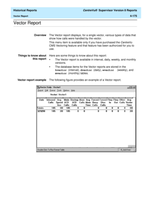 Page 483  Historical Reports CentreVu®  Supervisor Version 8 Reports
Vector Report4-175
.........................................................................................................................................................................................................................................................Vector Report
OverviewThe Vector report displays, for a single vector, various types of data that 
show how calls were handled by the vector.
This menu item is available only if...