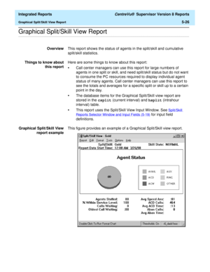 Page 512  Integrated Reports CentreVu®  Supervisor Version 8 Reports
Graphical Split/Skill View Report5-26
.........................................................................................................................................................................................................................................................Graphical Split/Skill View Report
OverviewThis report shows the status of agents in the split/skill and cumulative 
split/skill statistics.
Things to know about...