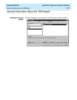 Page 517  Integrated Reports CentreVu®  Supervisor Version 8 Reports
General Information About the VDN Report5-31
.........................................................................................................................................................................................................................................................General Information About the VDN Report
VDN Report selector
windowThe following figure is an example of the VDN report selector window. 