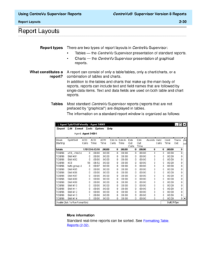 Page 72  Using CentreVu Supervisor Reports CentreVu®  Supervisor Version 8 Reports
Report Layouts2-30
.........................................................................................................................................................................................................................................................Report Layouts
Report typesThere are two types of report layouts in CentreVu Supervisor: 
•Tables — the CentreVu Supervisor presentation of standard reports.
•Charts...