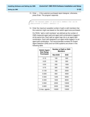 Page 140  Installing Software and Setting Up CMS CentreVu®  CMS R3V8 Software Installation and Setup
Setting Up CMS2-122
13. Enter y if the customer purchased report designer; otherwise, 
press Enter. The program responds:
14. Enter the maximum possible number of split or skill members that 
the customer might use based on the switch agent size purchased. 
For R3V8, “split or skill members” are defined as the number of 
CMS-measured agent-split and agent-skill combinations logged in 
at the same time. Each split...