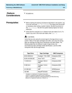 Page 224  Maintaining the CMS Software CentreVu®  CMS R3V8 Software Installation and Setup
Performing a CMSADM Backup4-4
 Platform 
Considerations
D
lAll platforms.
PrerequisitesDlBefore starting the backup procedures described in this section, log 
in as 
root, and enter lp /etc/vfstab. The output from the printer 
is necessary when doing a system restore. Bundle the printout of 
the /etc/vfstab file with the system backup tape(s) for future 
reference.
lVerify that the computer is in a Solaris multi-user state...