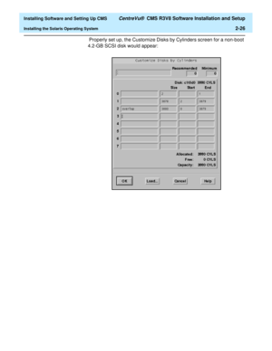 Page 44  Installing Software and Setting Up CMS CentreVu®  CMS R3V8 Software Installation and Setup
Installing the Solaris Operating System2-26
 Properly set up, the Customize Disks by Cylinders screen for a non-boot 
4.2-GB SCSI disk would appear: 